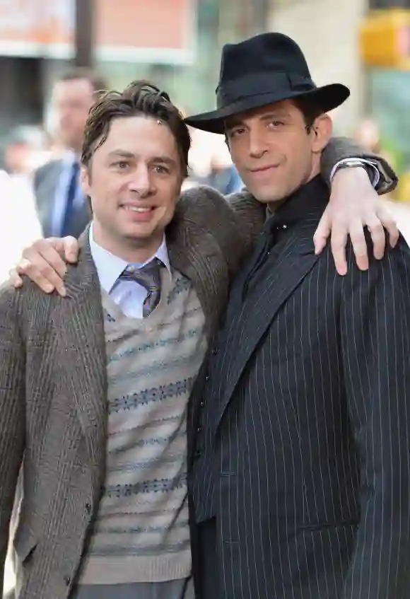 Zach Braff and Nick Cordero of "Bullets Over Broadway" on May 6, 2014, in New York City.