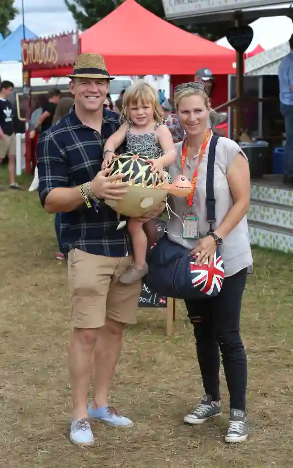 Mike, Zara and Mia Tindall pose for a photograph during day three of The Big Feastival at Alex James' Farm on August 28, 2016 in Kingham, Oxfordshire