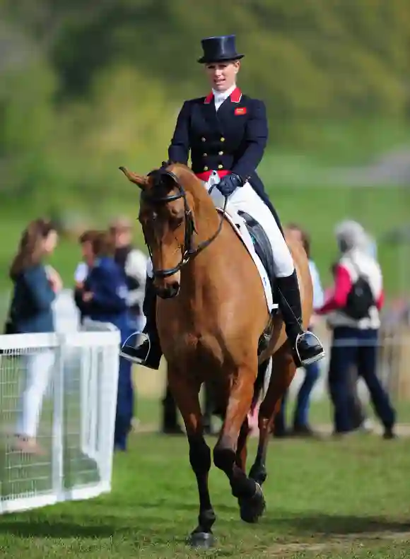 Zara Tindall makes her way towards the start during the Dressage Event during Day Three of the Badminton Horse Trials on May 6, 2016