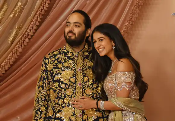 July 5, 2024, Mumbai, Maharashtra, India: Anant Ambani (son of Indian businessman Mukesh Ambani) and his fiancÃ e Radhik