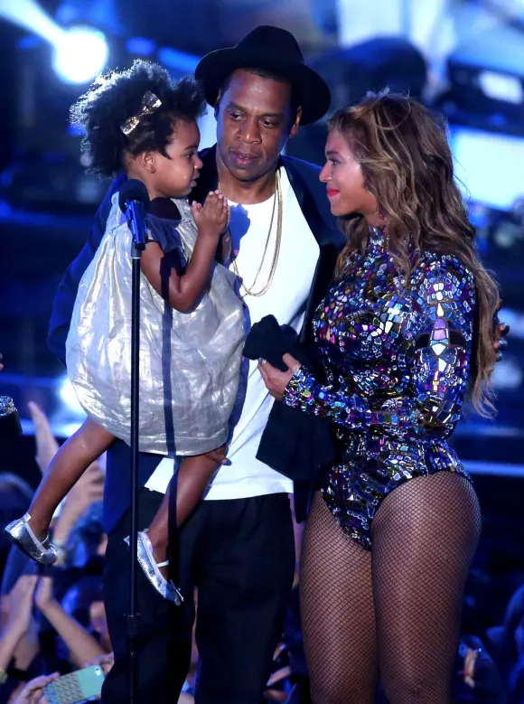 Jay Z and singer Beyonce with daughter Blue Ivy Carter onstage during the 2014 MTV Video Music Awards