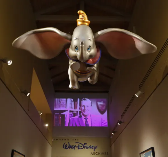 (200308) -- SANTA ANA, March 8, 2020 -- Dumbo, one of Disney s titular characters, is seen at the entrance for an exhibit