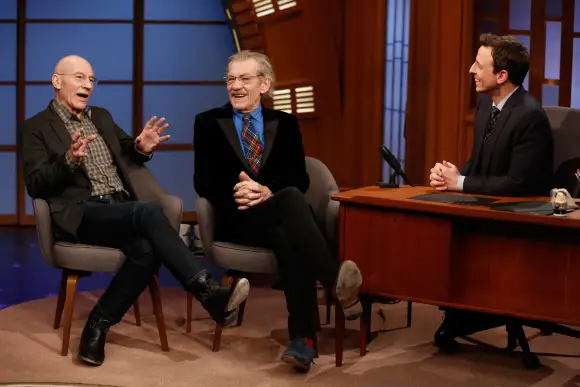 LATE NIGHT WITH SETH MEYERS, l-r: Patrick Stewart, Ian McKellan, Seth Meyers, (Season 1, Episode 5, aired February 28, 2