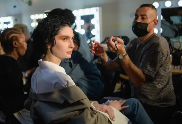 Model Meadow Walker prepares backstage for Anna Sui runway show in New York, on September 11, 2021.