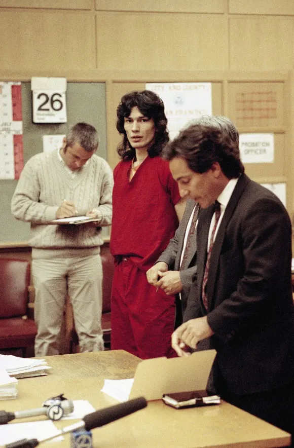 RICHARD RAMIREZ, center, stands between his attorneys in a San Francisco courtroom.