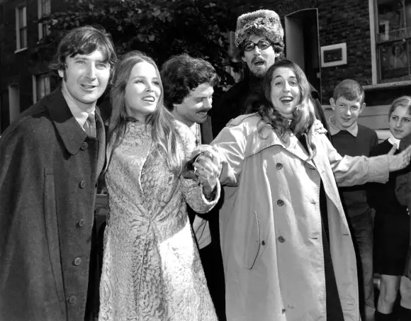 The Mamas and Papas and Scott McKenzie (third from left) . They are pictured in London after Mama Cass Elliot (on right