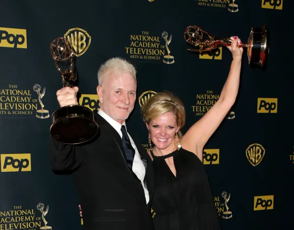 Anthony Geary and Maura West pose in the press room at The 42nd Annual Daytime Emmy Awards, April 26th, 2015.