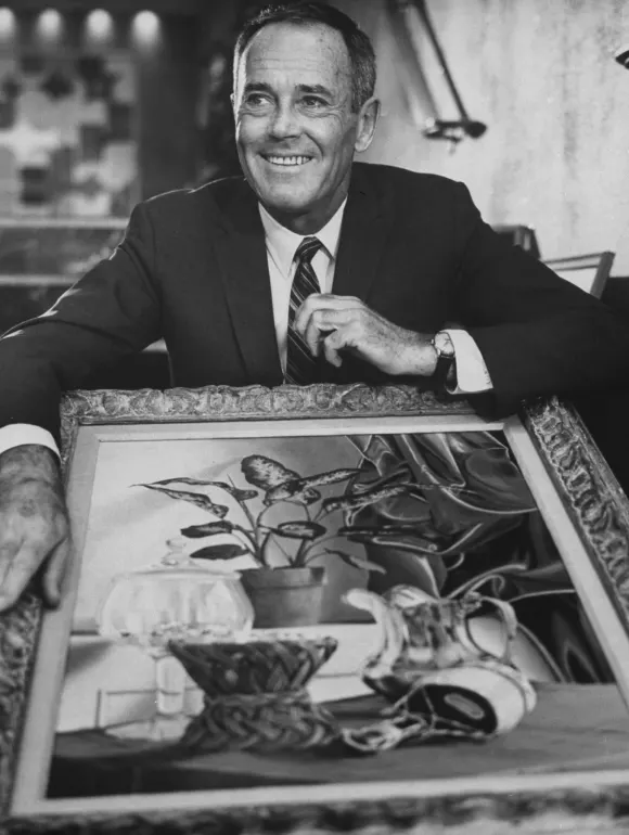 Actor  Henry  Fonda  holding  a  oil  painting  he  drew  in  his  spare  time.John  Loengard/The