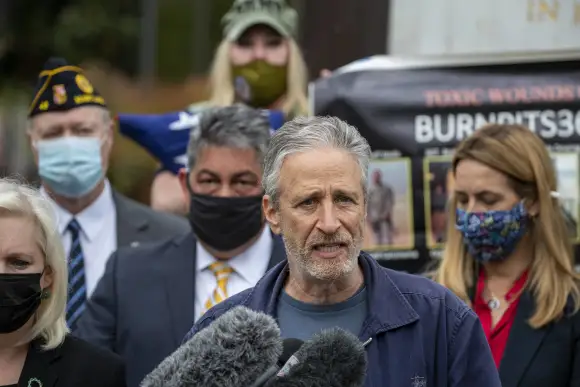 Comedian John Stewart speaks at a press conference on near the U.S Capitol in Washington, D.C. on Tuesday, April 13, 202