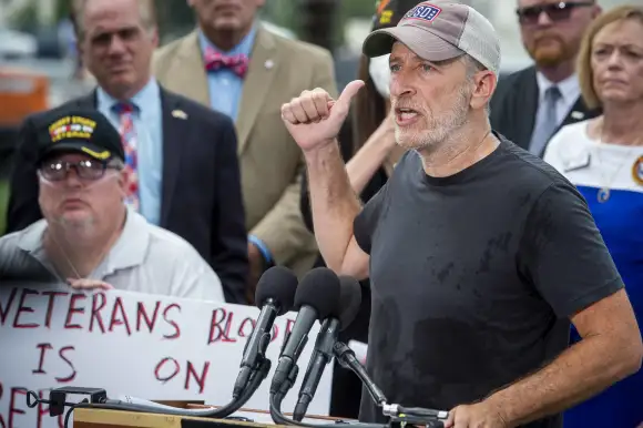 Veterans rights activist Jon Stewart offers remarks during a press conference after a Senate procedural vote to advance