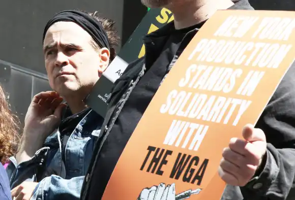 NEW YORK, NY - May 25: Colin Farrell supports the Writers Guild of America during a strike in front of Paramount Global