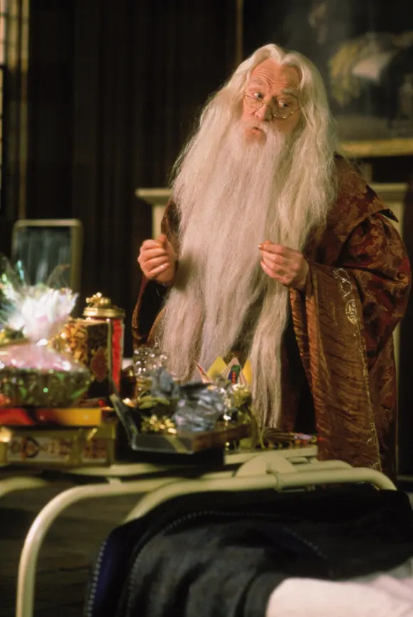 Richard Harris The actor Richard Harris as Professor Albus Dumbledore in this September 2001 photo from the first Harry