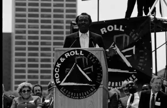 UNITED  STATES  -  JANUARY  01:    Chuck  Berry  breaking  ground  at  the  Rock  and  Roll  Hall  o