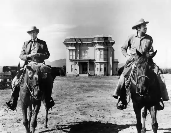 January 9, 2024, USA: James Stewart, Henry Fonda, on-set of the film, The Cheyenne Social Club , National General Pictur