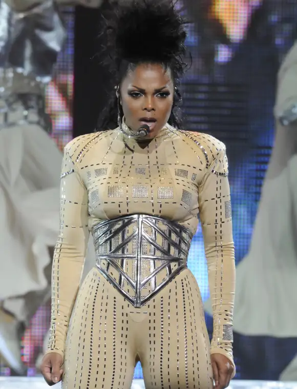 A closeup of Janet Jackson performing at the former Staples Center in Los Angeles