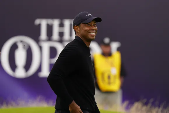 The 152nd Open Championship 2024 Tiger Woods (USA) on the 18th green during the Wednesday Preview of The 152nd Open Cham