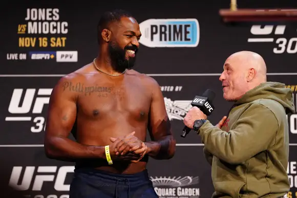 The Theatre at MSG NEW YORK CITY, NY -NOVEMBER 15:Jon Jones and Joe Rogan speak following the ceremonial weigh-ins for U