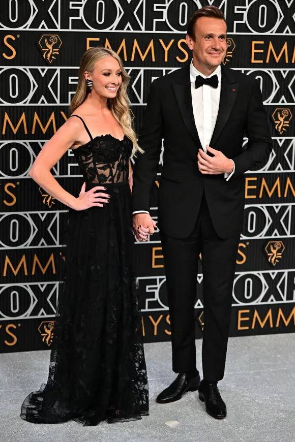 Kayla Radomski and Jason Segel at the 2024 Emmys