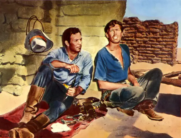 Pernell Roberts and James Coburn in 'Ride Lonesome'