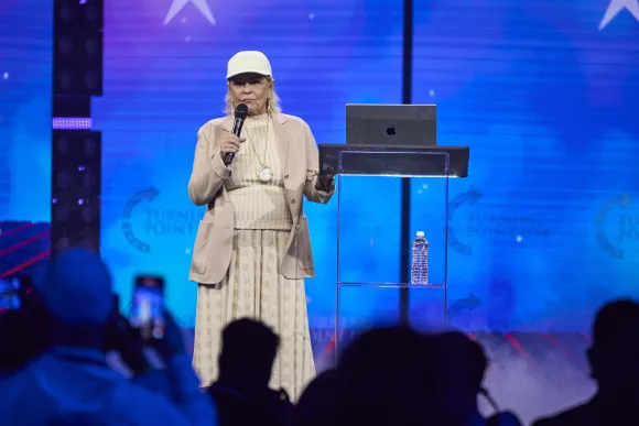 Syndication: Arizona Republic Roseanne Barr gives a speech during AmericaFest 2023 at the Phoenix Convention Center on S