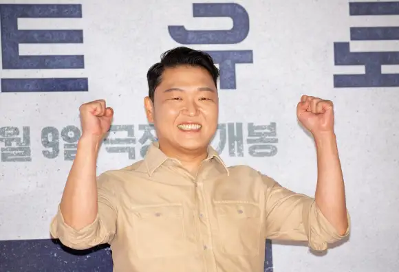 PSY, Aug 8, 2023 : Singer PSY poses at a photo call before the VIP preview of South Korean movie Concrete Utopia at a th