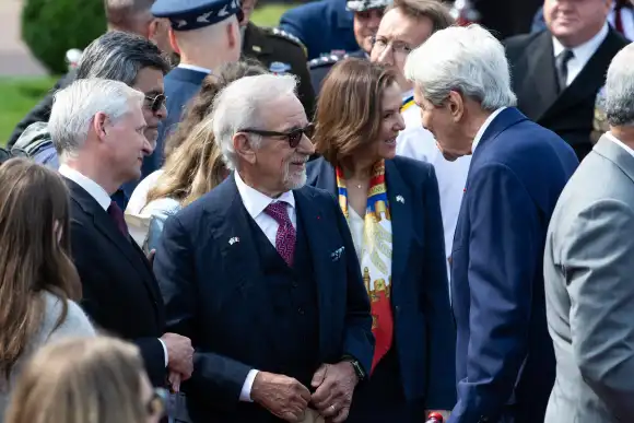 D-Day - International Ceremony - Omaha Beach Steven Spielberg American Film Director and John Kerry Former U.S. Secretar