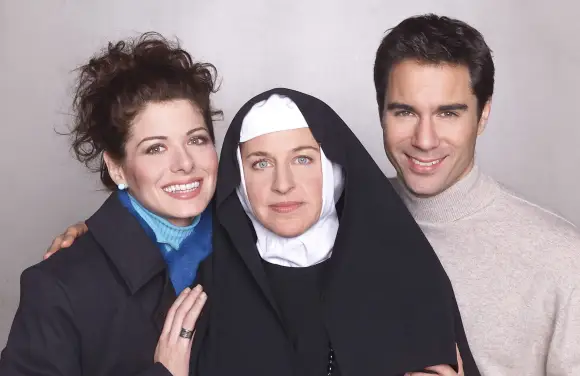 Debra Messing, Ellen DeGeneres, and Eric McCormack in 'Will & Grace'.